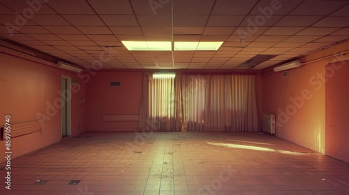 The image shows a dimly lit empty room with peach-colored walls, covered curtains, and a tiled floor. The atmosphere is somewhat neglected but offers a rustic and nostalgic appeal. © Oskar