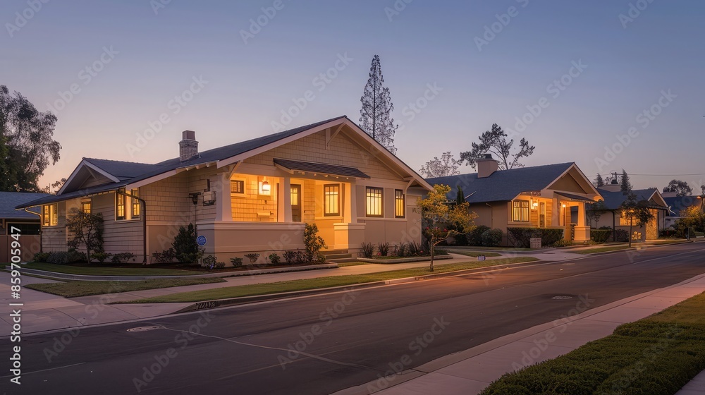 The soft glow of dawn highlighting the architectural details of a sandy beige Craftsman style house, with empty suburban streets around, silent and serene. The soft glow of dawn highlighting the architectural details of a sandy beige Craftsman style house, with empty suburban streets around, silent and serene.