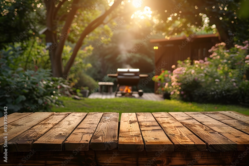 Empty wooden table and blurred bbq in the backyard background, for product display montage Empty wooden table and blurred bbq in the backyard background, for product display montage