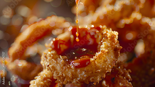 A close-up shot of onion rings being dipped in sauce, highlighting the crispy texture and savory coating