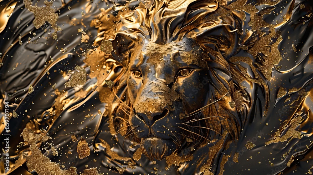Lion 3D relief in golden splashes wallpaper. Golden lion head background mural. High quality AI generated image Lion 3D relief in golden splashes wallpaper. Golden lion head background mural. High quality AI generated image