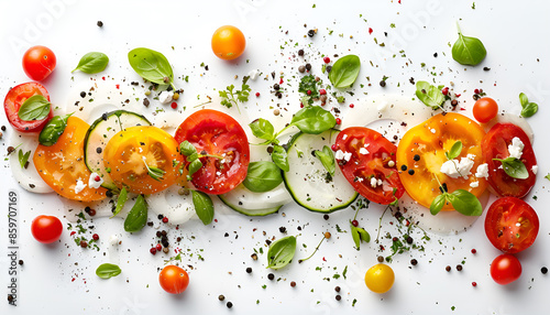 Different vegetables, seeds and fruits on grey table, flat lay. Healthy diet