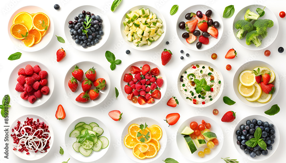 set of plates of food isolated on a white background, top view set of plates of food isolated on a white background, top view