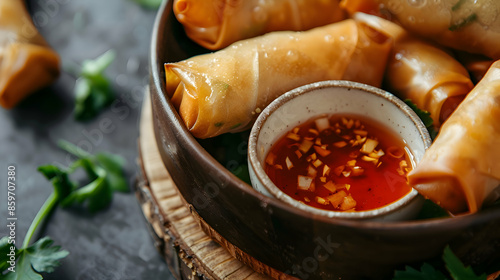 A close-up shot of spring rolls being dipped in sauce, highlighting the crispy texture and fresh ingredients