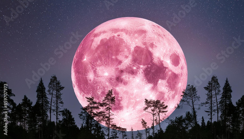 Pink moon above dark forest on starry night sky. photo