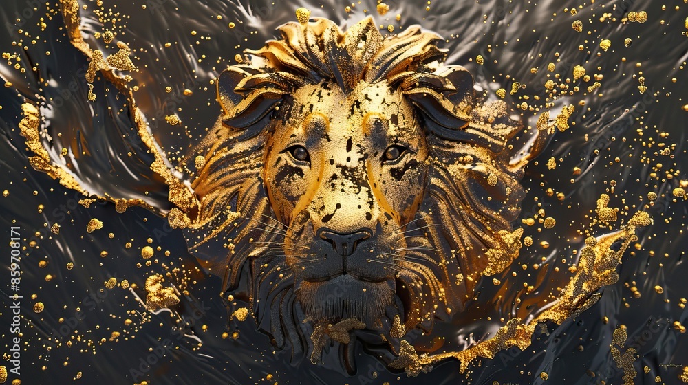 Lion 3D relief in golden splashes wallpaper. Golden lion head background mural. High quality AI generated image Lion 3D relief in golden splashes wallpaper. Golden lion head background mural. High quality AI generated image