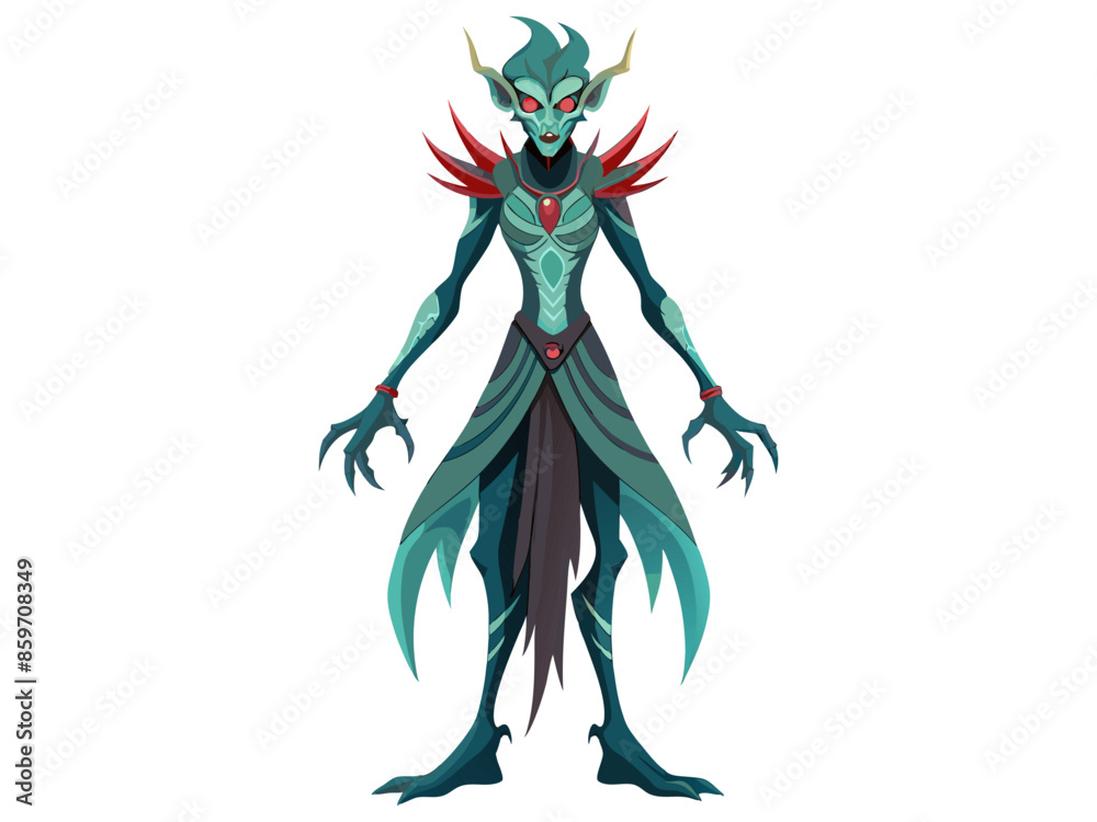 Illustration of a banshee character with glowing eyes and tattered robes isolated on a white background. Concept of Halloween, mythical creature, spooky ghost, fantasy design. Print, design element. Illustration of a banshee character with glowing eyes and tattered robes isolated on a white background. Concept of Halloween, mythical creature, spooky ghost, fantasy design. Print, design element.