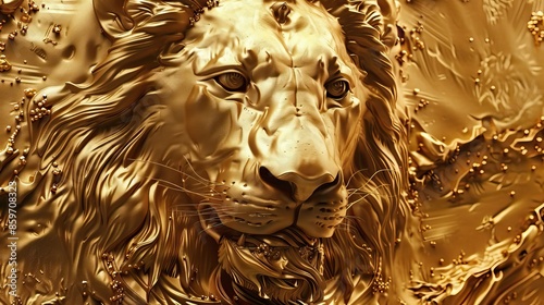 Lion 3D relief in golden splashes wallpaper. Golden lion head background mural. High quality AI generated image © Javid