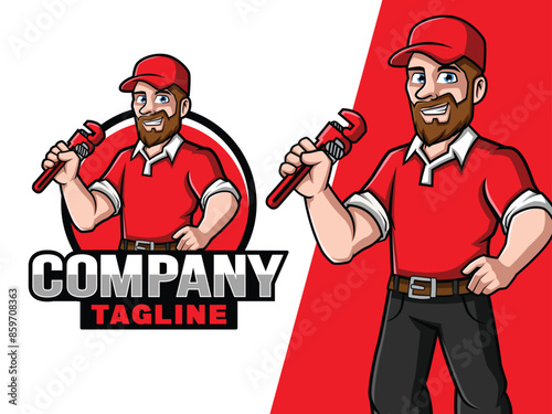 Plumber Cartoon holding wrench Mascot Logo for Your Business