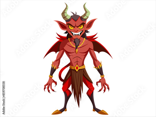 Devil isolated on a white background. Demonic creature with horns. Concept of monster art, fantasy character, evil spirit, digital artwork. Print, design, vector graphic.