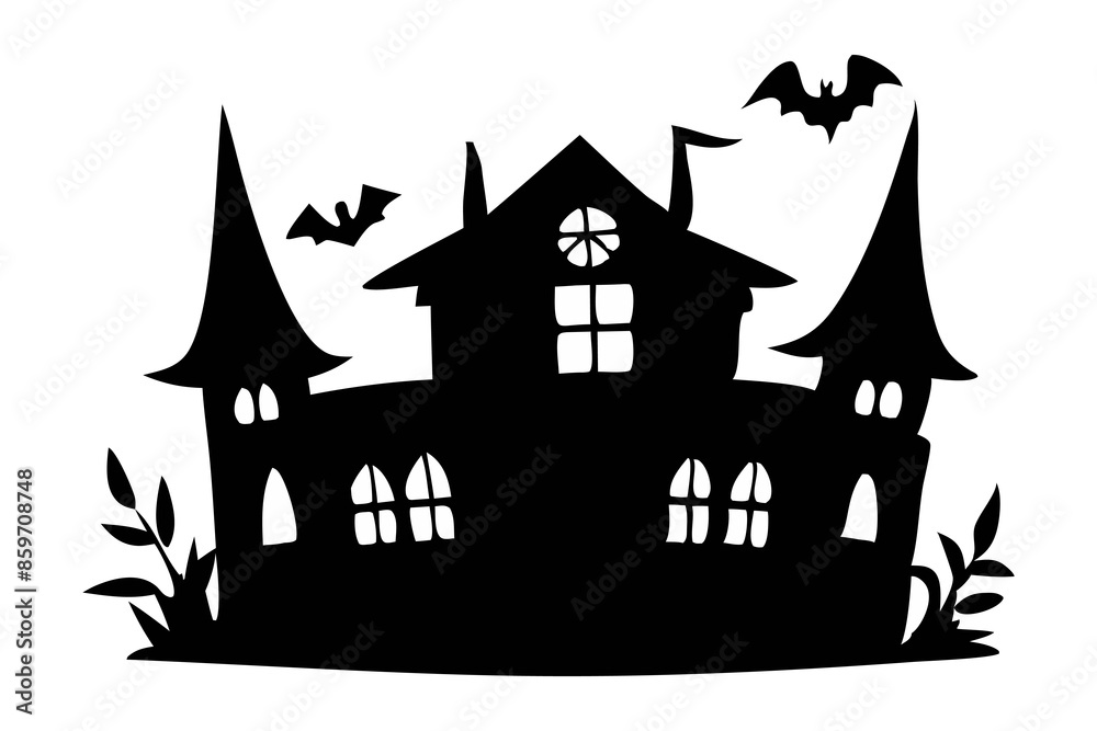 Black silhouette of a haunted house isolated on a white background. Concept of Halloween, spooky mansion, gothic style, eerie building Print, design element, art illustration. Black silhouette of a haunted house isolated on a white background. Concept of Halloween, spooky mansion, gothic style, eerie building Print, design element, art illustration.