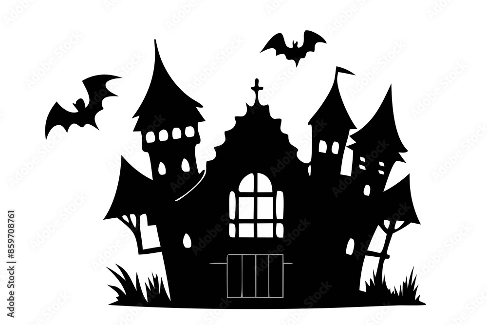 Black silhouette of a haunted castle with bats isolated on a white background. Concept of spooky decoration, haunted house, minimalist style, Halloween design. Print, icon, art element.