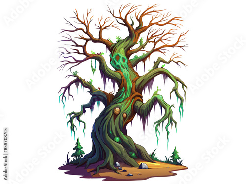 llustration of spooky haunted tree with glowing eyes and twisted branches. Concept of spooky forest, Halloween, eerie atmosphere, horror, haunted forest, evil nature.