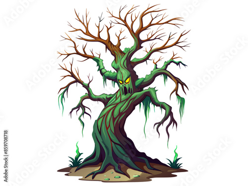 Spooky haunted tree with an ominous face and creepy roots isolated on a white background. Concept of Halloween, horror, haunted forest, evil nature. Print, art, illustration.