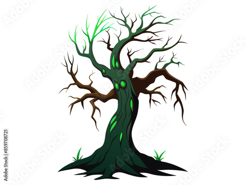 llustration of spooky haunted tree with glowing eyes and twisted branches. Concept of spooky forest, Halloween, eerie atmosphere, horror, haunted forest, evil nature.