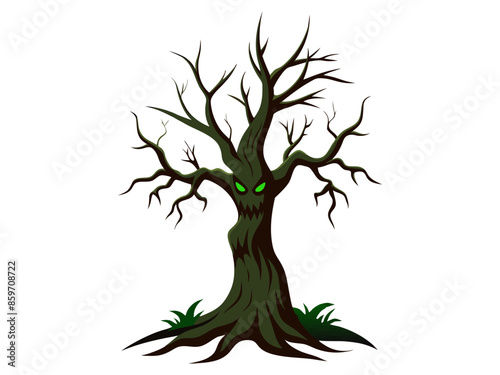 Spooky haunted tree with an ominous face and creepy roots isolated on a white background. Concept of Halloween, horror, haunted forest, evil nature. Print, art, illustration.