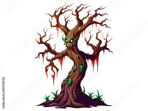 Spooky haunted tree with an ominous face and creepy roots isolated on a white background. Concept of Halloween, horror, haunted forest, evil nature. Print, art, illustration.