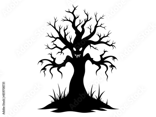 Black silhouette of a spooky tree with an ominous face and creepy roots isolated on a white background. Concept of Halloween, haunted tree, horror, haunted forest, evil nature. Print, art