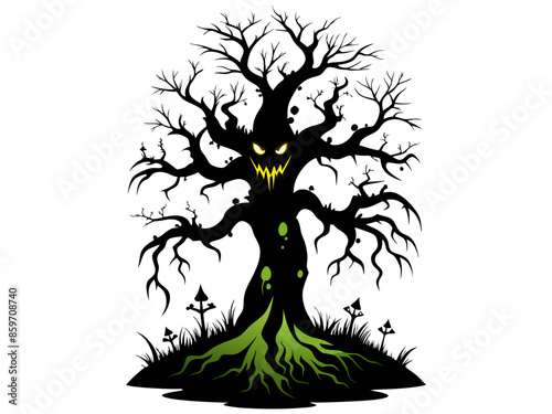 Spooky haunted tree with an ominous face and creepy roots isolated on a white background. Concept of Halloween, horror, haunted forest, evil nature. Print, art, illustration.