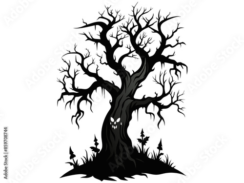 Black silhouette of a spooky tree with an ominous face and creepy roots isolated on a white background. Concept of Halloween, haunted tree, horror, haunted forest, evil nature. Print, art