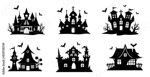 Set of Black silhouettes of haunted houses with bats isolated on a white background. Concept of spooky decoration, haunted castle, minimalist style, spooky mansion, Halloween design. Clip art