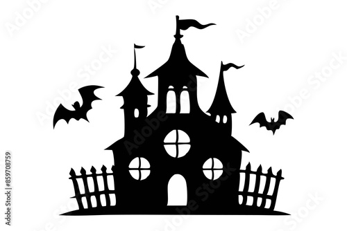 Black silhouette of a haunted castle with bats isolated on a white background. Concept of spooky decoration, haunted house, minimalist style, Halloween design. Print, icon, art element.