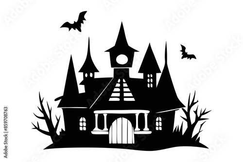 Black silhouette of haunted house with bats isolated on a white background. Concept of spooky decoration, haunted castle, minimalist style, spooky mansion, Halloween design