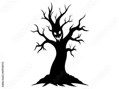 Black silhouette of a spooky tree with an ominous face and creepy roots isolated on a white background. Concept of Halloween, haunted tree, horror, haunted forest, evil nature. Print, art