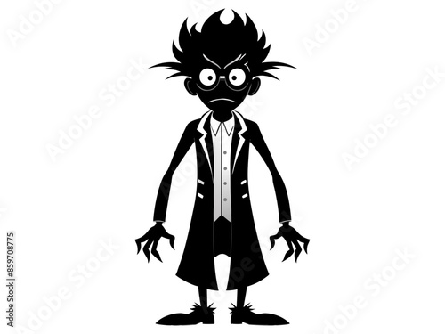 Black silhouette of eccentric mad scientist isolated on white background. Concept of crazy professor, mad genius, minimalist character, Halloween. Print, design element, illustration.