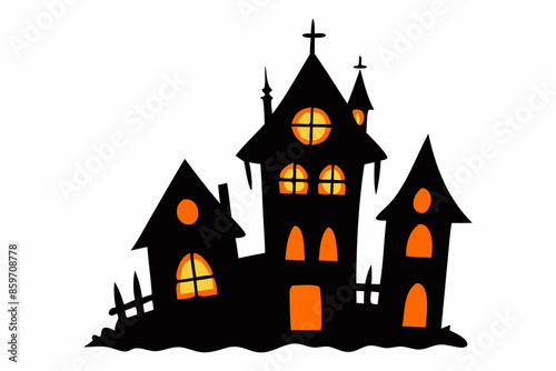 Black silhouette of a haunted house with glowing windows isolated on a white background. Concept of Halloween, spooky mansion, ghost house, minimalist style. Print, design element, illustration.