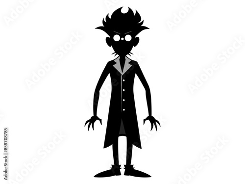 Black silhouette of eccentric mad scientist isolated on white background. Concept of crazy professor, mad genius, minimalist character, Halloween. Print, design element, illustration.