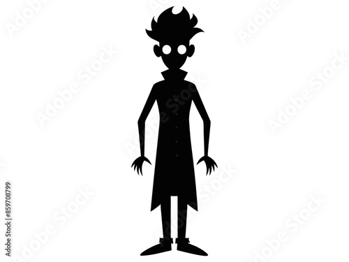 Black silhouette of eccentric mad scientist isolated on white background. Concept of crazy professor, mad genius, minimalist character, Halloween. Print, design element, illustration.