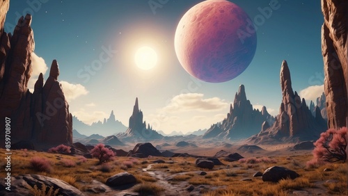 Alien mountains in the style of game art