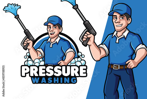 Pressure Washing Worker Cartoon holding Washing gun Mascot Logo for Your Business