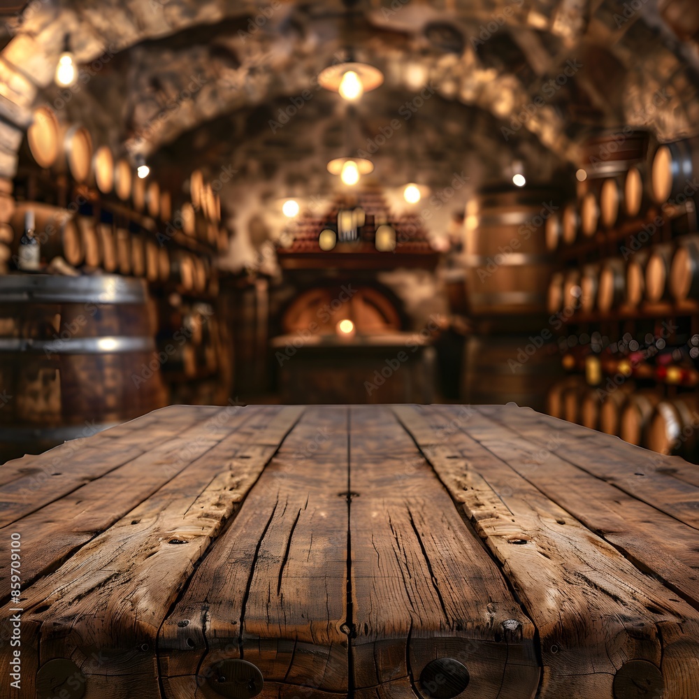 Empty wooden table. Blurred wine cellar in the background. Winery and beverage concept Empty wooden table. Blurred wine cellar in the background. Winery and beverage concept