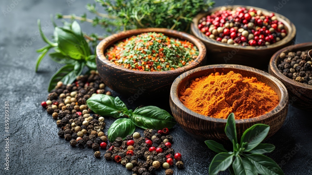 Wooden bowls filled with colorful spices and herbs on a dark surface, featuring turmeric, peppercorns, and basil leaves, emphasizing a rich array of natural flavors.