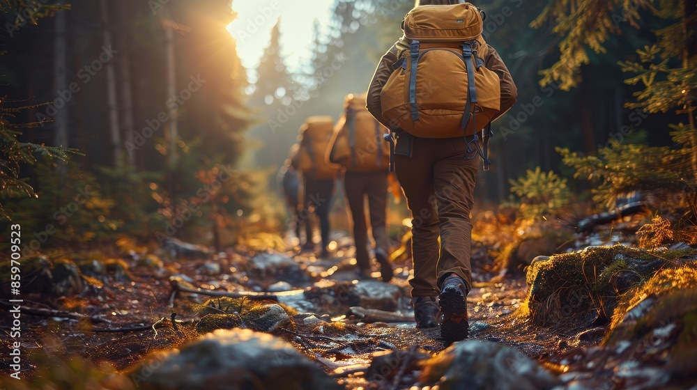 A group of hikers walk through a dense forest on a rocky trail, bathed in the warm glow of the setting sun. Their backpacks are prominent in the peaceful natural scene. A group of hikers walk through a dense forest on a rocky trail, bathed in the warm glow of the setting sun. Their backpacks are prominent in the peaceful natural scene.
