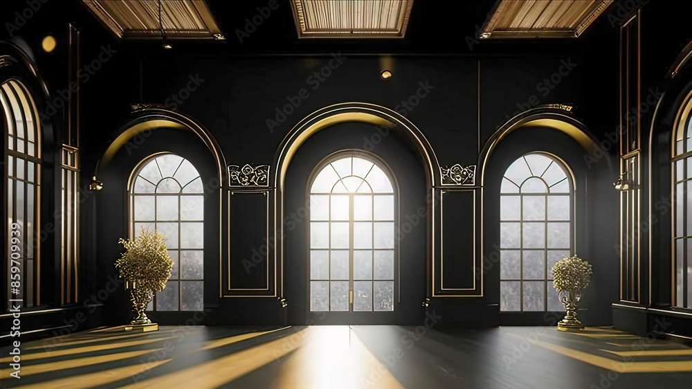 Aristocratic background with symmetrical arches and a wall with black and gold panels, beautiful pampas installations of white and black roses,
Aristocratic background with symmetrical arches and a wall with black and gold panels, beautiful pampas installations of white and black roses,
