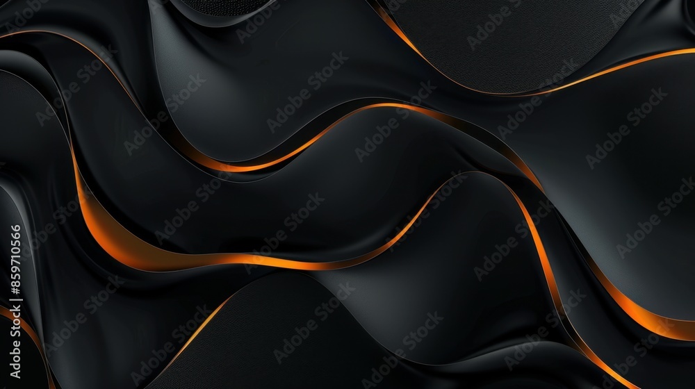 Obraz premium Fluid, wavy black textures with orange highlights create a sleek, elegant, and dynamic abstract visual with smooth, flowing curves and a luxurious feel.