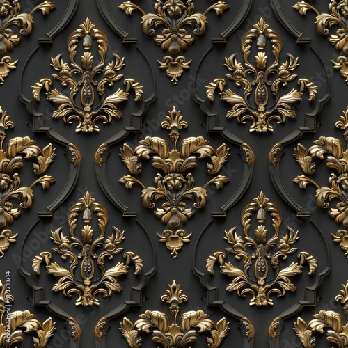 Luxurious damask wallpaper design with golden elements on elegant black background