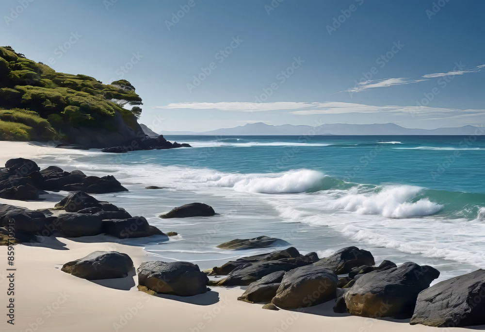 Obraz premium A serene sandy beach located at the water's edge, overlooking the calm sea.