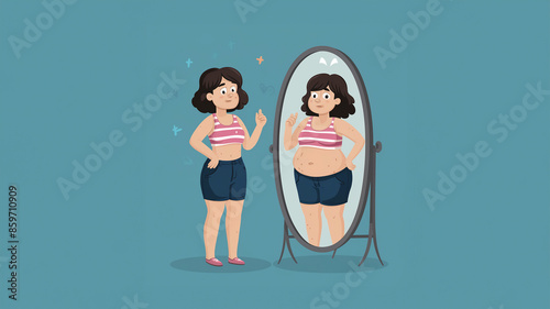 Cartoon woman looking at her reflection in a mirror, seeing herself with a different body shape, representing body image issues and self-perception. photo