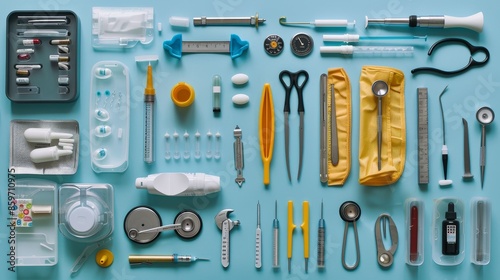 Medical Professional's Array of Tools and Supplies Flat Lay in Ultra Realistic Style © kittipoj