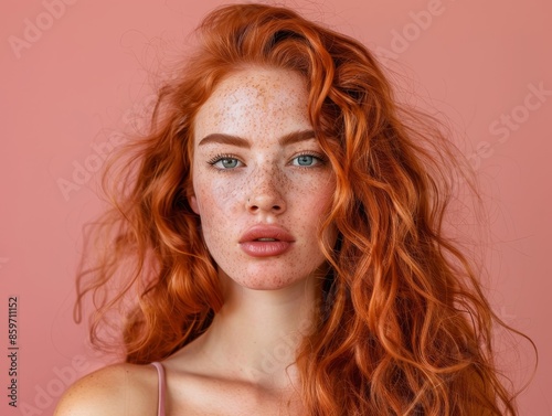 red-haired young woman with natural makeup, perfectly voluminous hair, facing the camera directly in a front view, in an upper body portrait, chest skin visible.