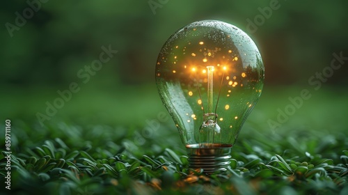 This image captures a rain-covered glowing light bulb set in a green field, creating a serene and innovative ambiance with water droplets enhancing the visual appeal. photo