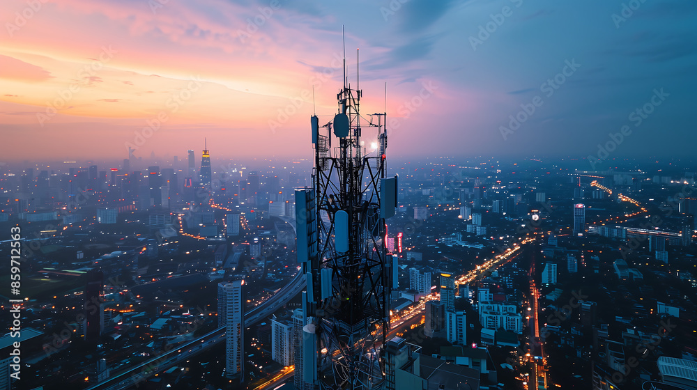 Aerial view of an electric cell tower in the cityscape at dusk, showcasing its tall structure against the backdrop of illuminated buildings and street lights. Aerial view of an electric cell tower in the cityscape at dusk, showcasing its tall structure against the backdrop of illuminated buildings and street lights.
