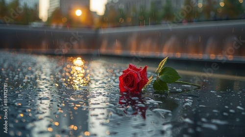 A beautiful image capturing a solitary red rose laying on a wet surface during sunset, with warm light reflections creating a melancholic and romantic atmosphere.
