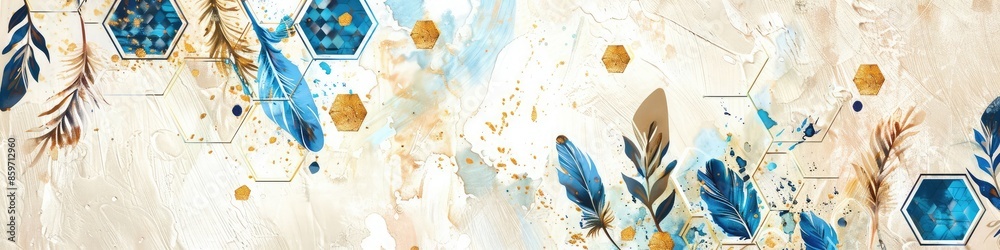 Wide greeting card design with a mix of hexagons, vintage feather motifs, and artistic strokes.