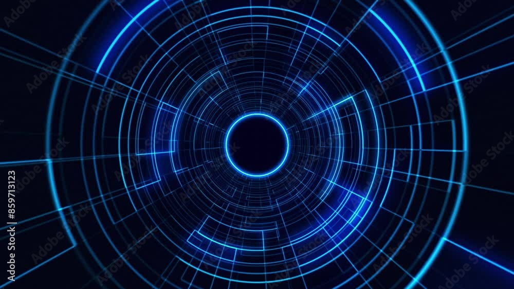 Abstract technology background of blue neon lines forming a futuristic tunnel. Future technology, science, tech innovations. Flying through digital technologic tunnel. Cyberspace, virtual reality. 4k.