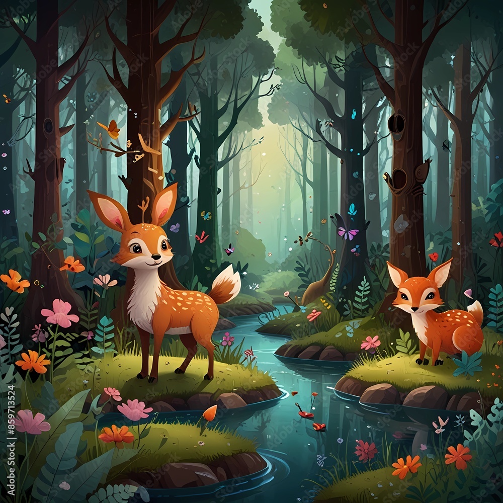 Obraz premium illustration deers in the middle of a jungle forest